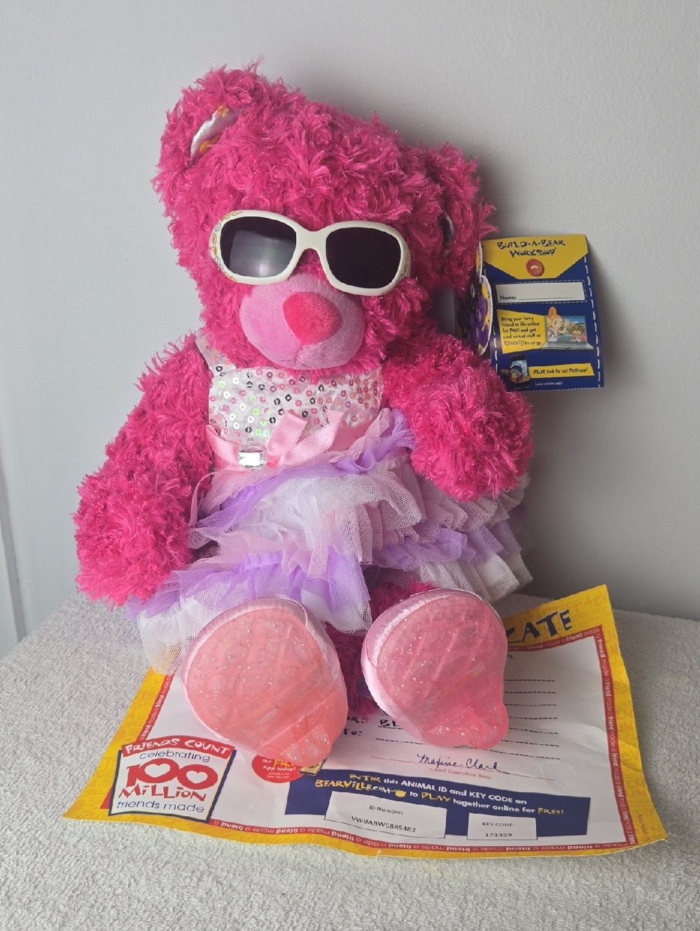 Build-A-Bear Hot Pink Sequin Tutu Bear with White Sunglasses